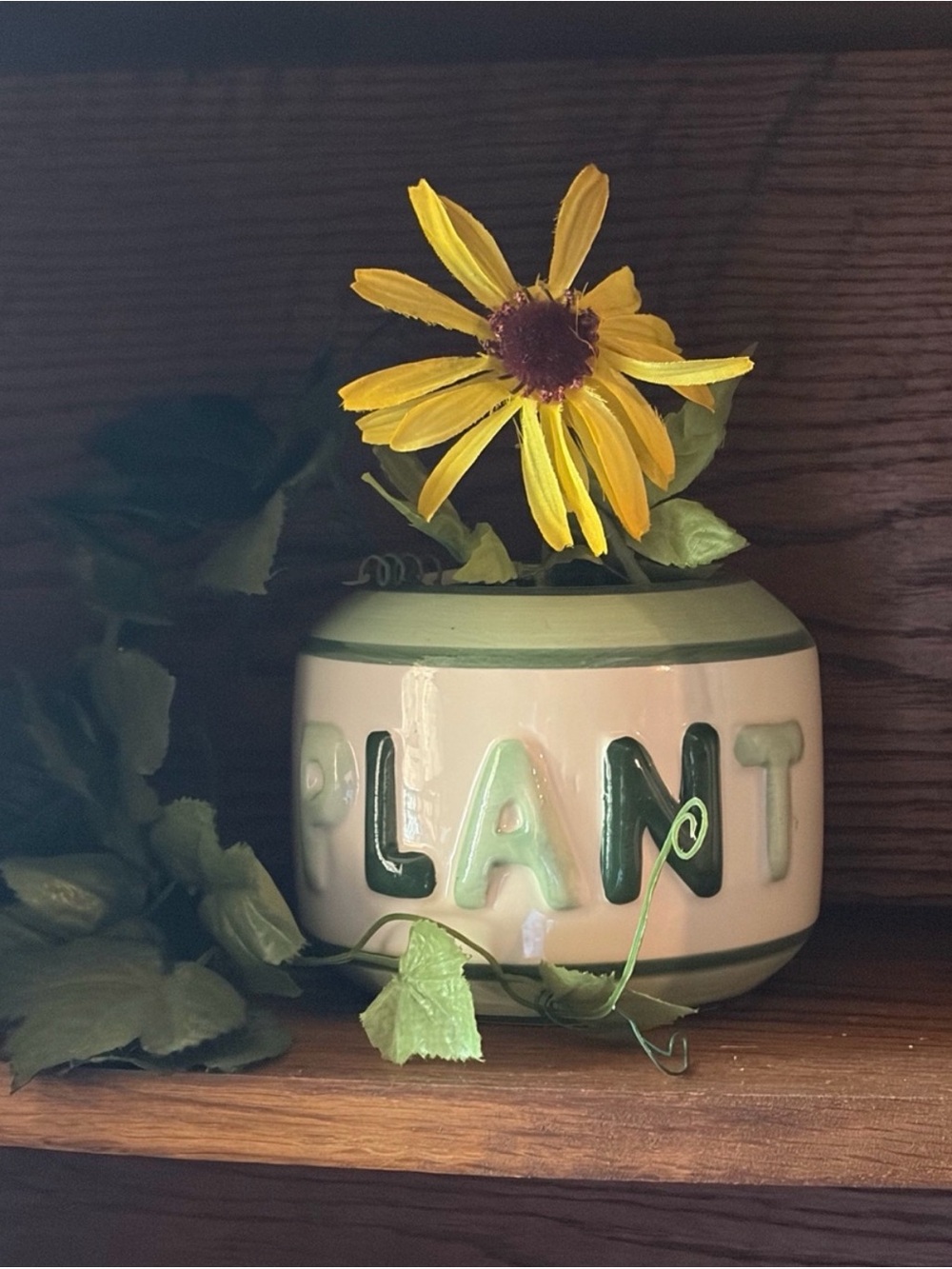 Ceramic 'PLANT' Vase - Cream and Green Decorative Pot